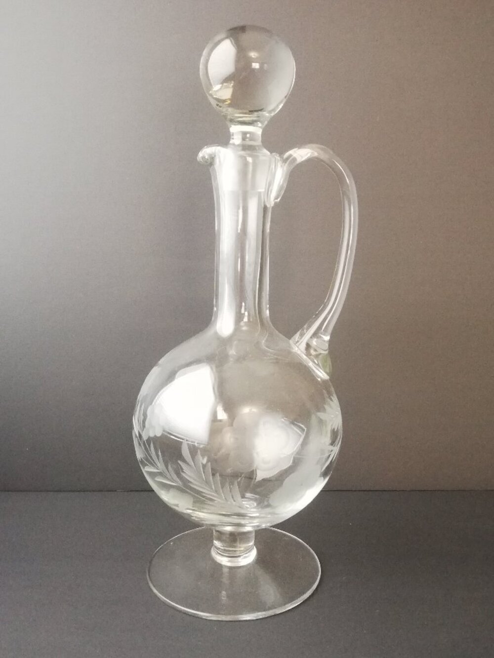 Vintage Etched Glass Decanter Cruet Bottle w/ Stopper 14.5” Elegant Barware Deco